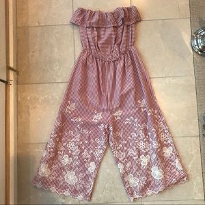 Pink striped, embroidered flowered play suit